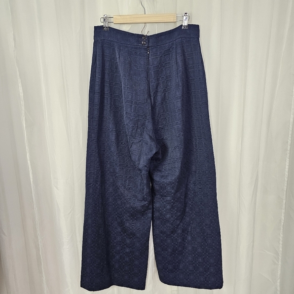 Marianne Novobatzky Textured Navy Blue High Waist Wide-Leg Pants Anchor Buttons - Picture 5 of 8